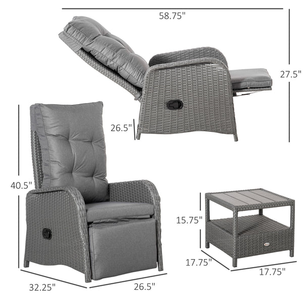 3 Pieces Patio Wicker Bistro Set, PE Rattan Coffee Table & Adjustable Recline Chairs Furniture Set with Cushions and Wood Grain Plastic Top, Grey