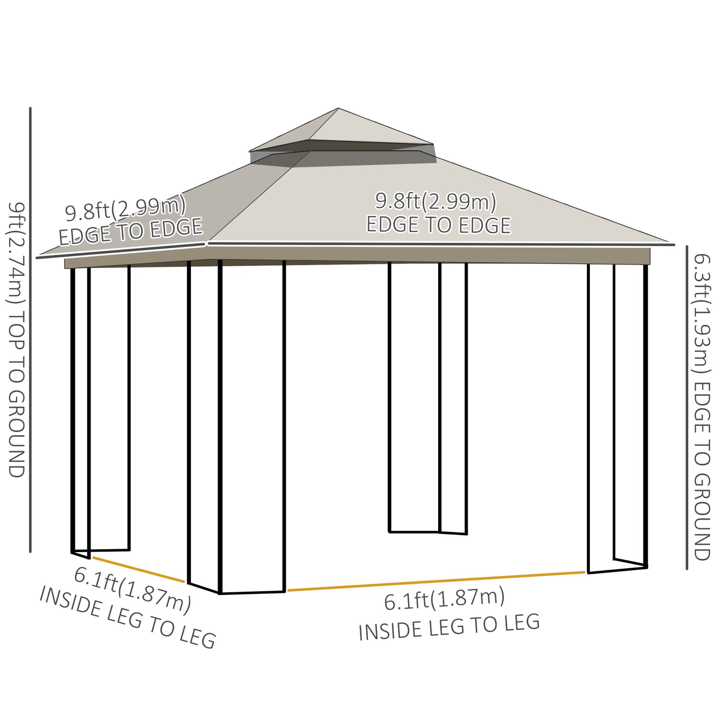Gazebo 10'x10' à toit souple avec toit à deux niveaux, rideaux en maille, étagères, crochets supérieurs, beige