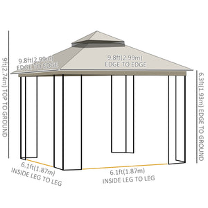 Gazebo 10'x10' à toit souple avec toit à deux niveaux, rideaux en maille, étagères, crochets supérieurs, beige