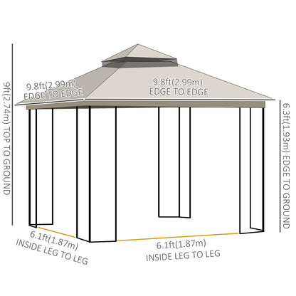 Gazebo 10'x10' à toit souple avec toit à deux niveaux, rideaux en maille, étagères, crochets supérieurs, beige