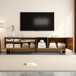 Meuble TV avec pieds en métal en U, 3 portes et 2 compartiments, assemblage facile, noir et naturel