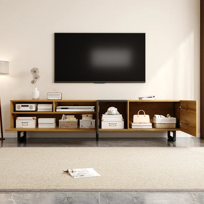Meuble TV avec pieds en métal en U, 3 portes et 2 compartiments, assemblage facile, noir et naturel