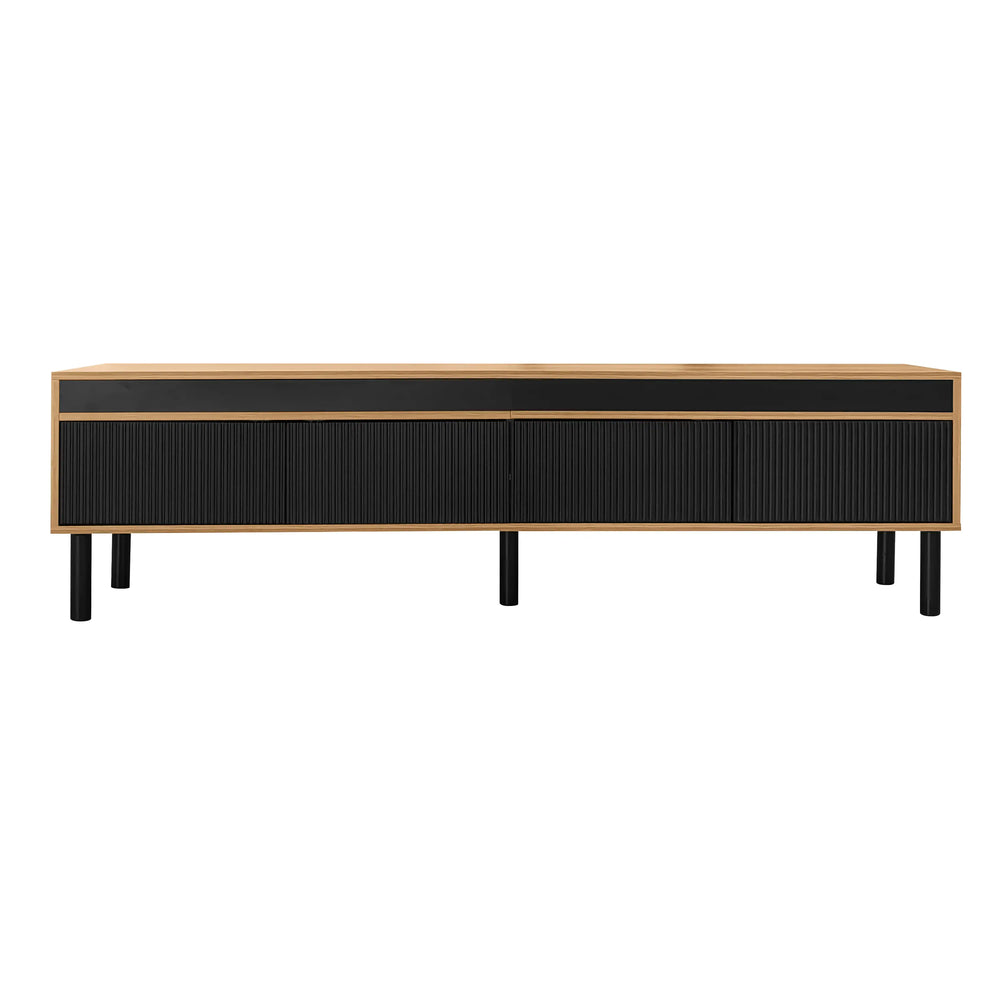 Meuble TV avec élégant motif à rayures et pieds en bois robustes, noir et naturel