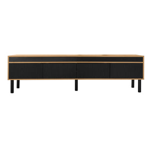 Meuble TV avec élégant motif à rayures et pieds en bois robustes, noir et naturel