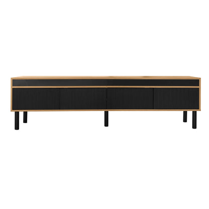 Meuble TV avec élégant motif à rayures et pieds en bois robustes, noir et naturel