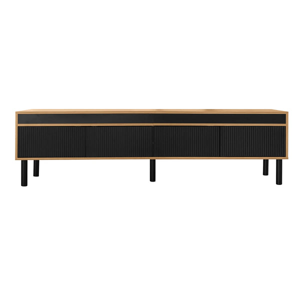 Meuble TV avec élégant motif à rayures et pieds en bois robustes, noir et naturel