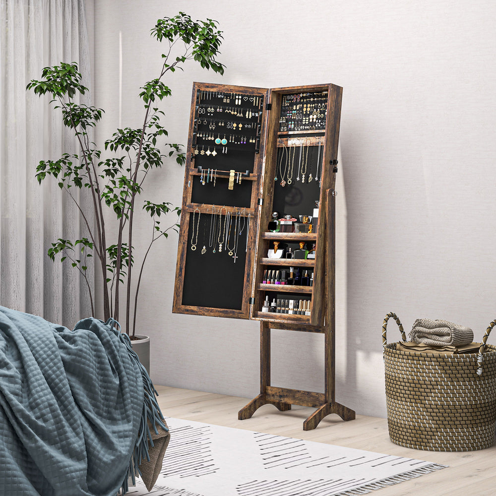 Armoire à bijoux verrouillable avec miroir pleine longueur et rangement pour bijoux, marron rustique