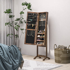 Armoire à bijoux verrouillable avec miroir pleine longueur et rangement pour bijoux, marron rustique