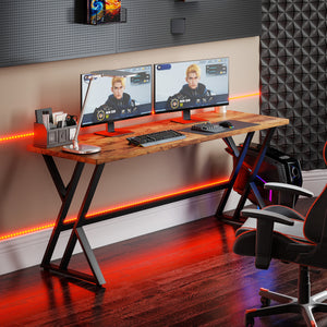 Bureau d'ordinateur de 71" avec structure en X pour bureau à domicile, marron rustique