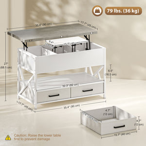 Table basse relevable avec double plateau ajustable, rangement caché et 2 tiroirs – Blanc et gris ciment