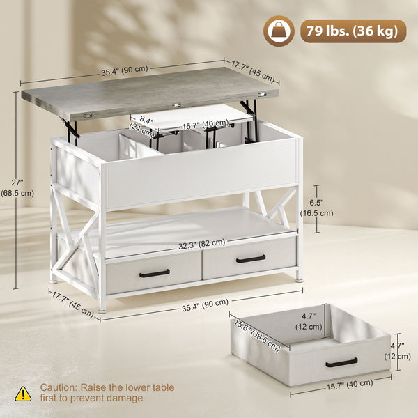 Table basse relevable avec double plateau ajustable, rangement caché et 2 tiroirs – Blanc et gris ciment