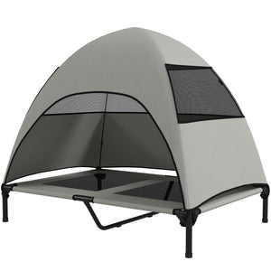 Elevated bed with canopy, steel frame and washable mesh, light gray