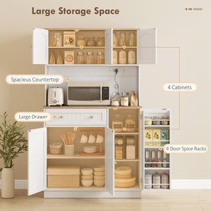 68" Storage Cabinet with Charging Station, Microwave Mount, 4 Door Shelves, White