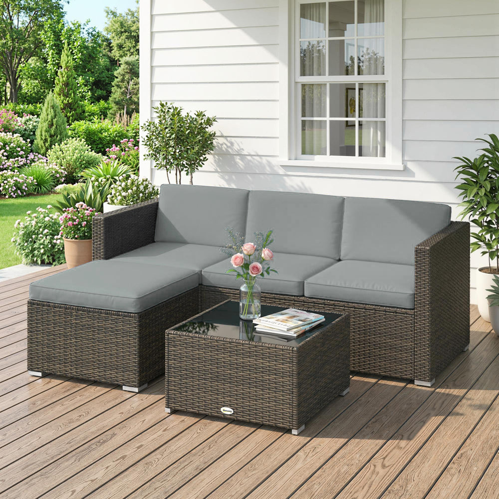 Ensemble de mobilier de patio 3 pièces en rotin PE tressé avec coussins et table basse en verre