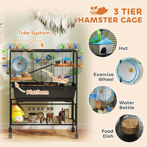 Cage à roulettes à 3 niveaux avec plateau de 18 cm de profondeur, pour rongeurs syriens, gerbilles et rats