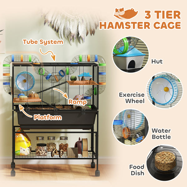 Cage à roulettes à 3 niveaux avec plateau de 18 cm de profondeur, pour rongeurs syriens, gerbilles et rats