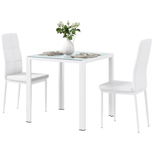 Ensemble de tables et chaises en verre avec structure en métal et revêtement en similicuir pour salle à manger, blanc