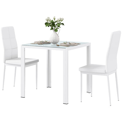 Ensemble de tables et chaises en verre avec structure en métal et revêtement en similicuir pour salle à manger, blanc