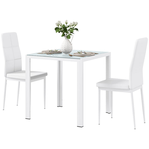 Ensemble de tables et chaises en verre avec structure en métal et revêtement en similicuir pour salle à manger, blanc