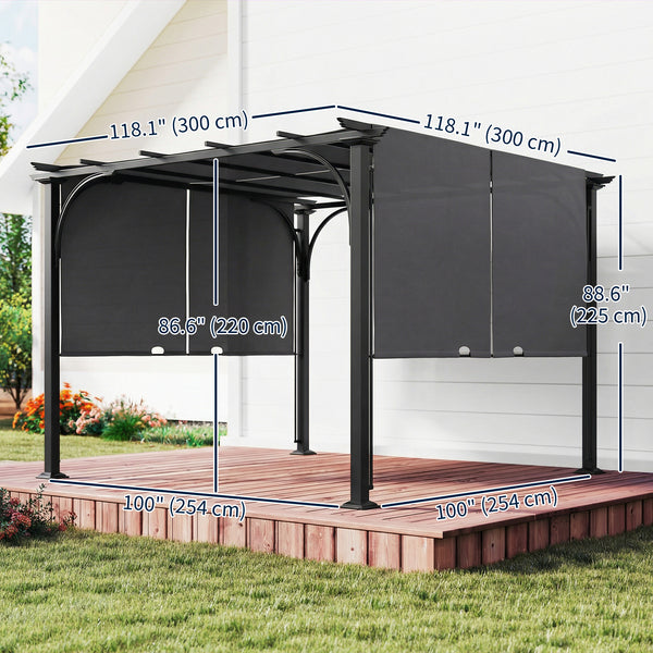 Pergola rétractable 10' x 10', protection solaire UPF50+, structure en métal, gris foncé