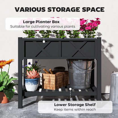 Wooden Raised Bed with Storage Shelf, Drainage Holes and Liner, 86 x 45 x 76 cm, Black