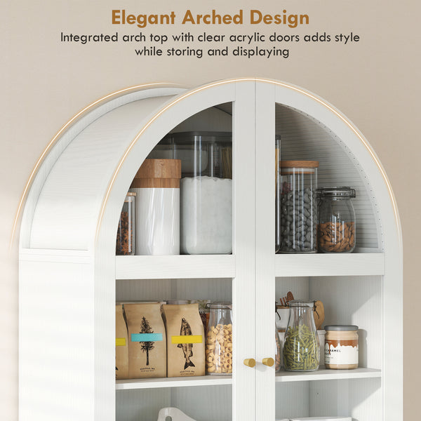 Arched Kitchen Pantry Cabinet, 71" Tall Farmhouse Kitchen Storage Cabinet with Acrylic Glass Doors, White