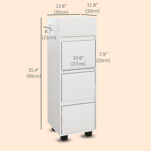 Slim Bathroom Cabinet, Bathroom Storage Cabinet with 4 Top Compartments, 3 Drawers & Towel Rack for Narrow Spaces, White