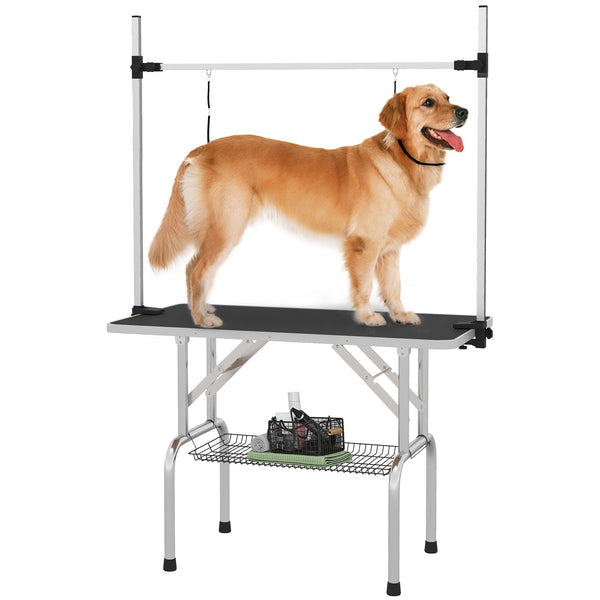 Adjustable Dog Grooming Table with 2 Safety Straps and Storage Basket, Black