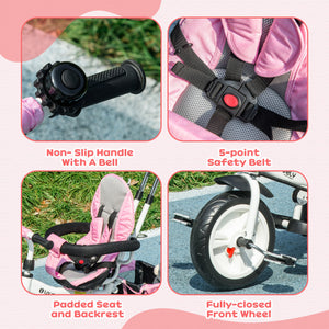 6 in 1 Toddler Tricycle Stroller with Basket, Canopy, 5-Point Safety Harness, 12-60 Months, Pink