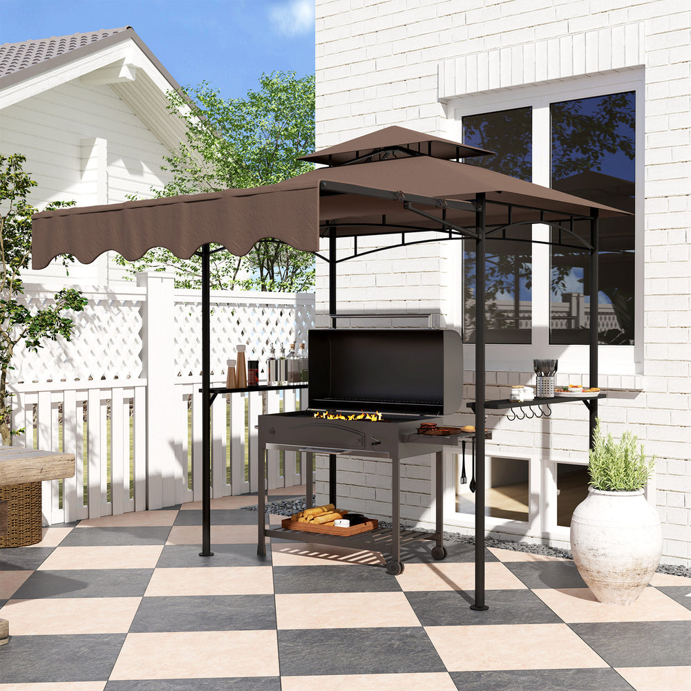 8' x 5' Grill Gazebo, Double Tiered Barbecue Grill Gazebo Shelter with Side Awning, 2 Side Shelves, 6 Hooks, Brown