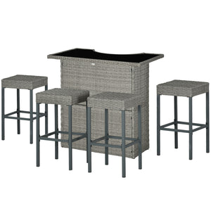 Ensemble de bar de terrasse 5 pièces, table et chaises hautes en rotin synthétique, avec plateau en verre trempé, gris