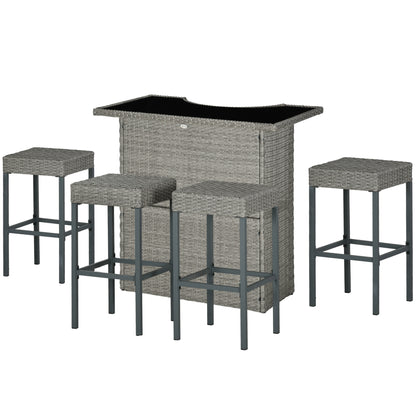Ensemble de bar de terrasse 5 pièces, table et chaises hautes en rotin synthétique, avec plateau en verre trempé, gris