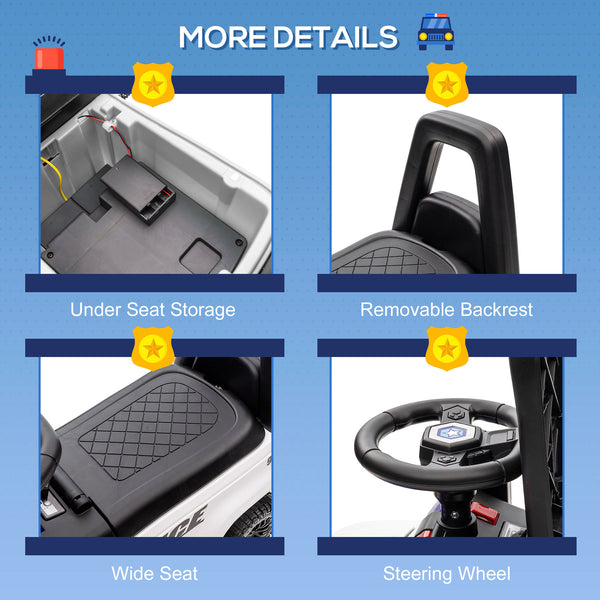 Kids' Sliding Police Car with Hidden Underseat Storage, Megaphone, Removable Backrest, White