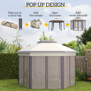Gazebo pliant 13' x 13' avec filet et sac de transport, hexagonales, café et beige