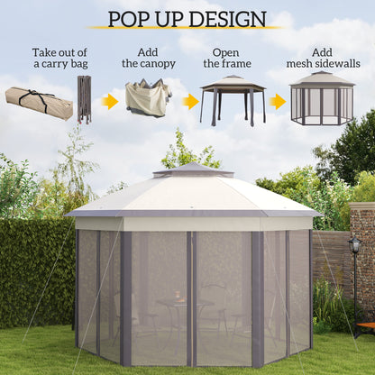 Gazebo pliant 13' x 13' avec filet et sac de transport, hexagonales, café et beige