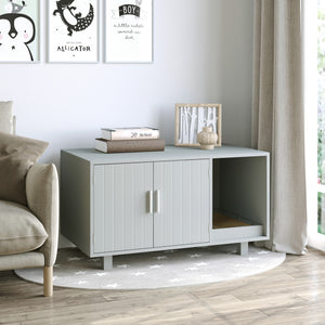 Litter box cabinet with scratching post, magnetic doors, gray