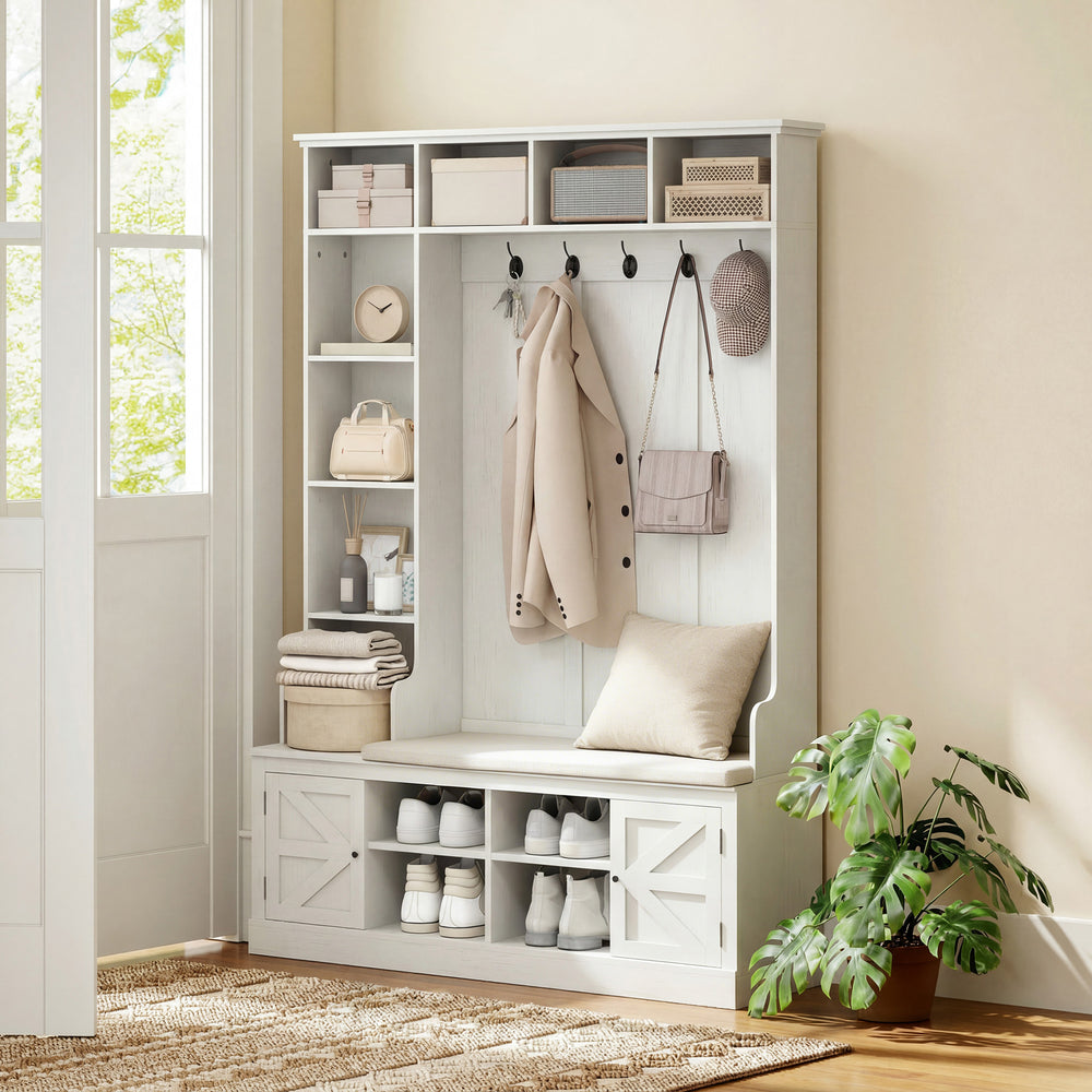 Hallway furniture with bench, coat rack, 12 shelves, 2 cupboards, 5 hooks, white wood look