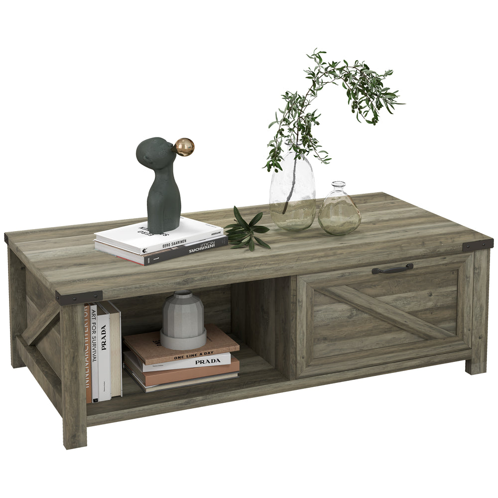 Table basse rustique avec tiroir et étagère de rangement, gris