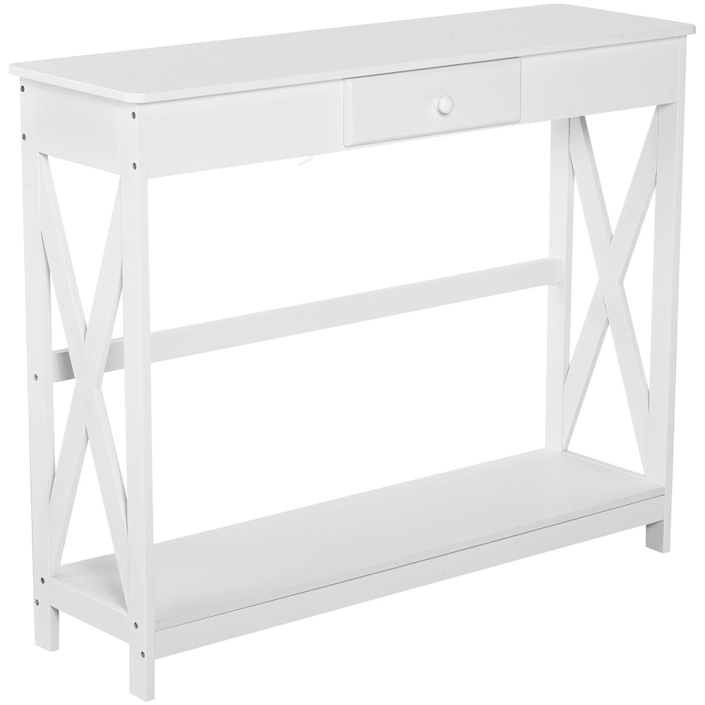 2-tier narrow console table, X design, with drawer and storage shelf, white