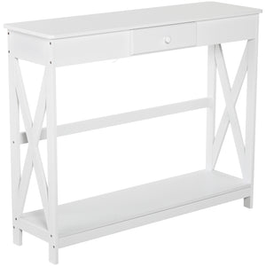 2-tier narrow console table, X design, with drawer and storage shelf, white