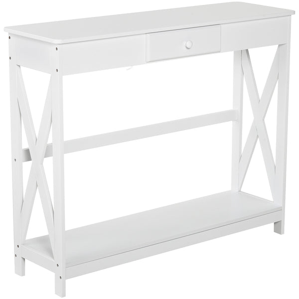 2-tier narrow console table, X design, with drawer and storage shelf, white