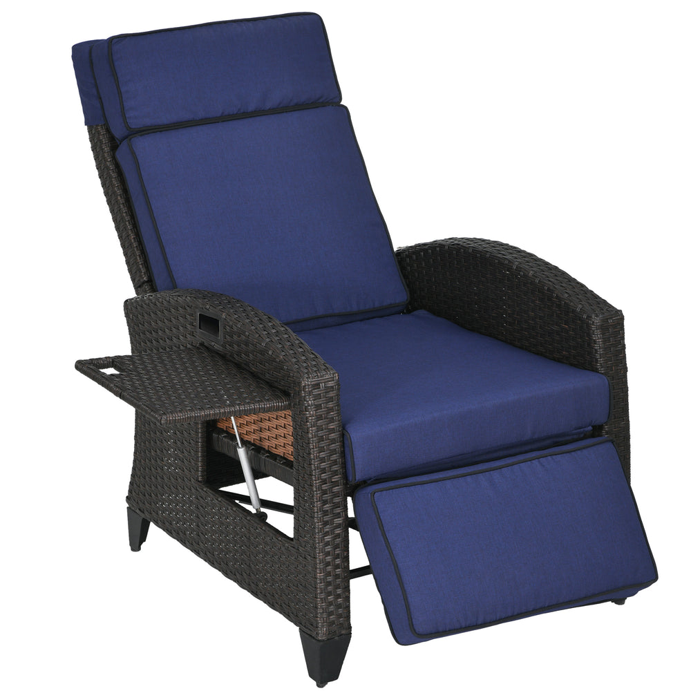 Outdoor Recliner Chair with Adjustable Backrest, Cushion, Side Tray, Blue