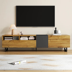 Meuble TV avec pieds en métal en U, 3 portes et 2 compartiments, assemblage facile, noir et naturel