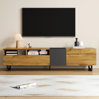Meuble TV avec pieds en métal en U, 3 portes et 2 compartiments, assemblage facile, noir et naturel