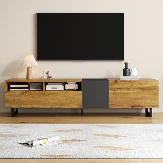 Meuble TV avec pieds en métal en U, 3 portes et 2 compartiments, assemblage facile, noir et naturel