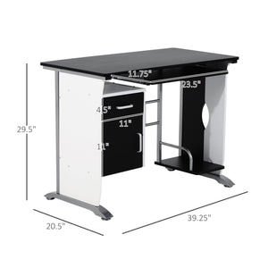 Bureau d'ordinateur avec plateau pour clavier et support pour unité centrale, noir et blanc