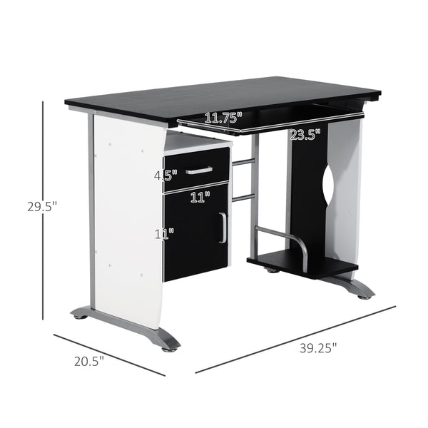 Bureau d'ordinateur avec plateau pour clavier et support pour unité centrale, noir et blanc