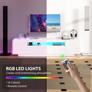 Meuble TV avec éclairage LED RVB pour téléviseur de 65 à 85 pouces, blanc brillant