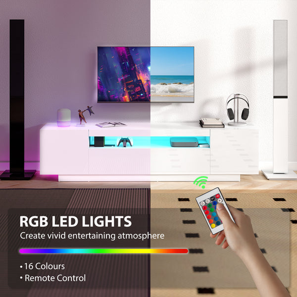 Meuble TV avec éclairage LED RVB pour téléviseur de 65 à 85 pouces, blanc brillant
