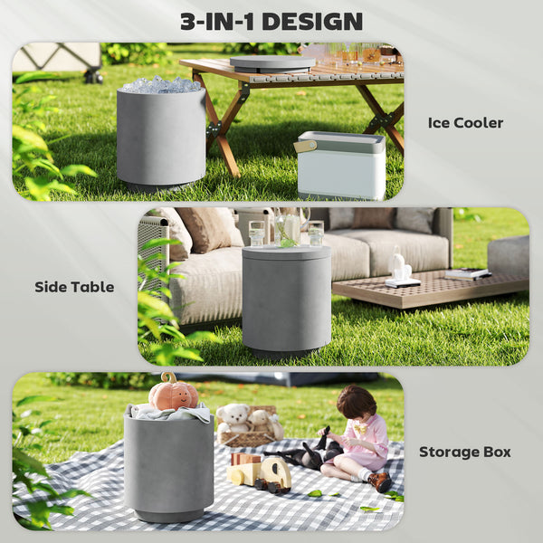 Table d'appoint glacière d'extérieur de 2,6 gal en béton avec rangement, gris clair